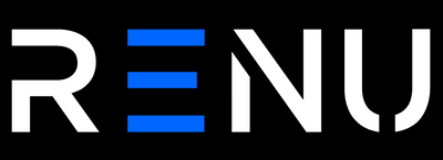 White and blue stylized RENU text logo on a solid black background with the letter E in blue horizontal bars.