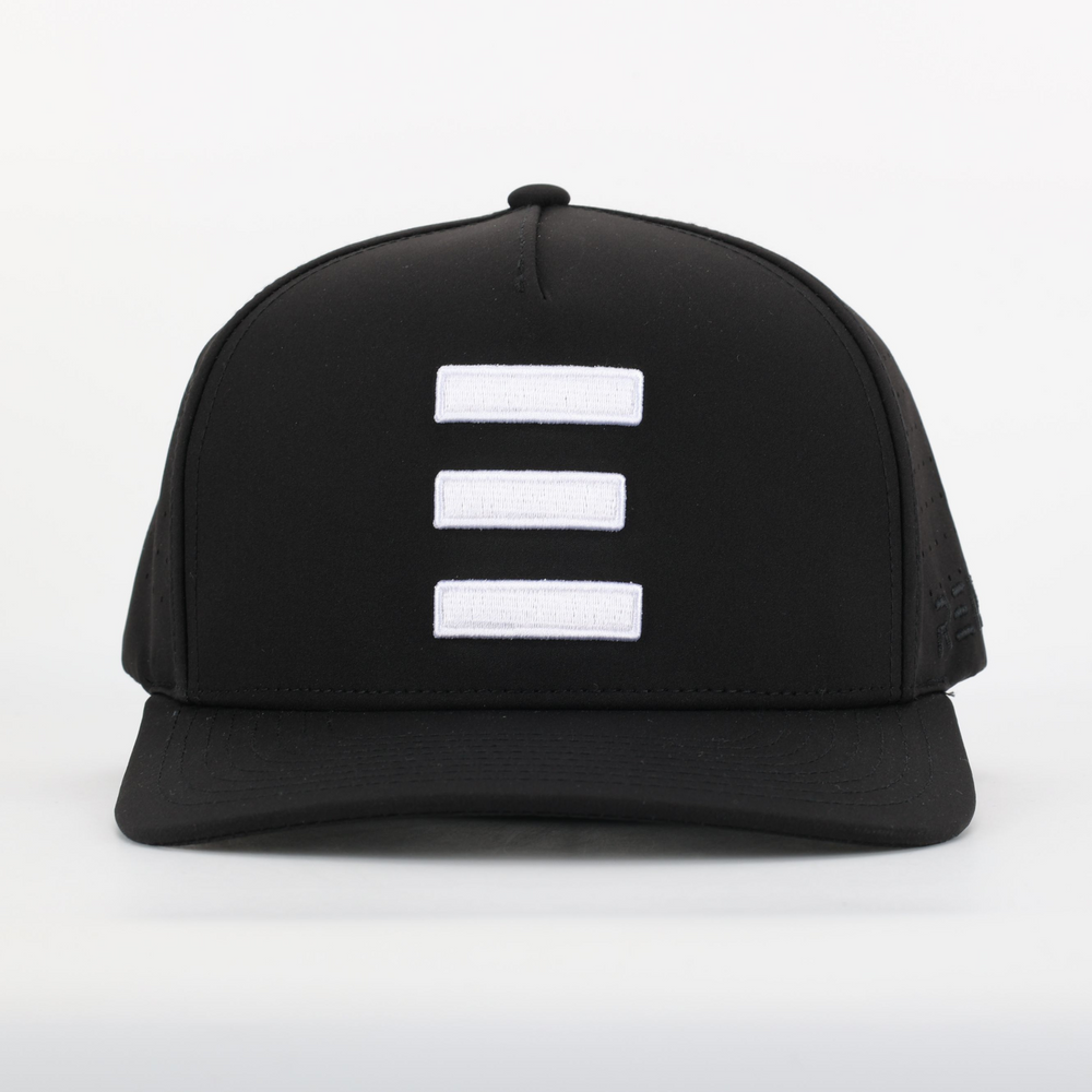 Finish Line Series Hat - Black with front white triple bar design and structured curved brim.