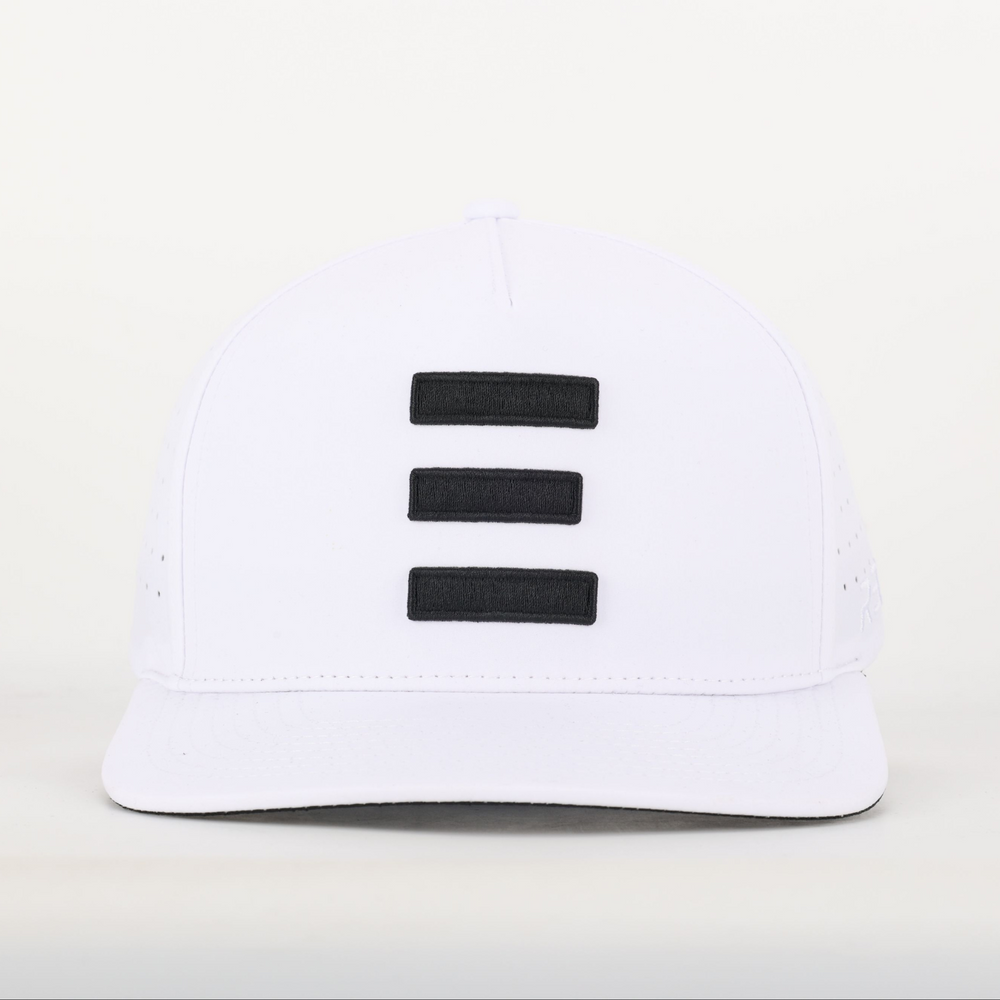 Finish Line Series Hat - White with three black horizontal bars on the front and a structured flat brim design.