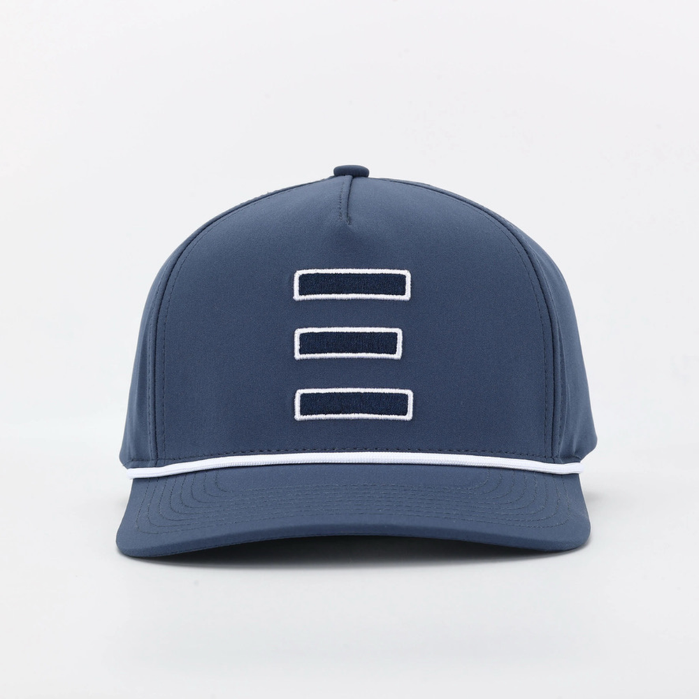 Signature Blue cap with three horizontal white outlined bars and white piping above the brim