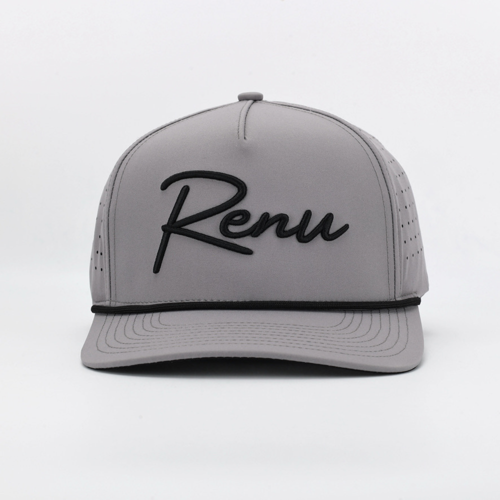Script Grey cap with black "Renu" text embroidered on the front and perforated sides for breathability