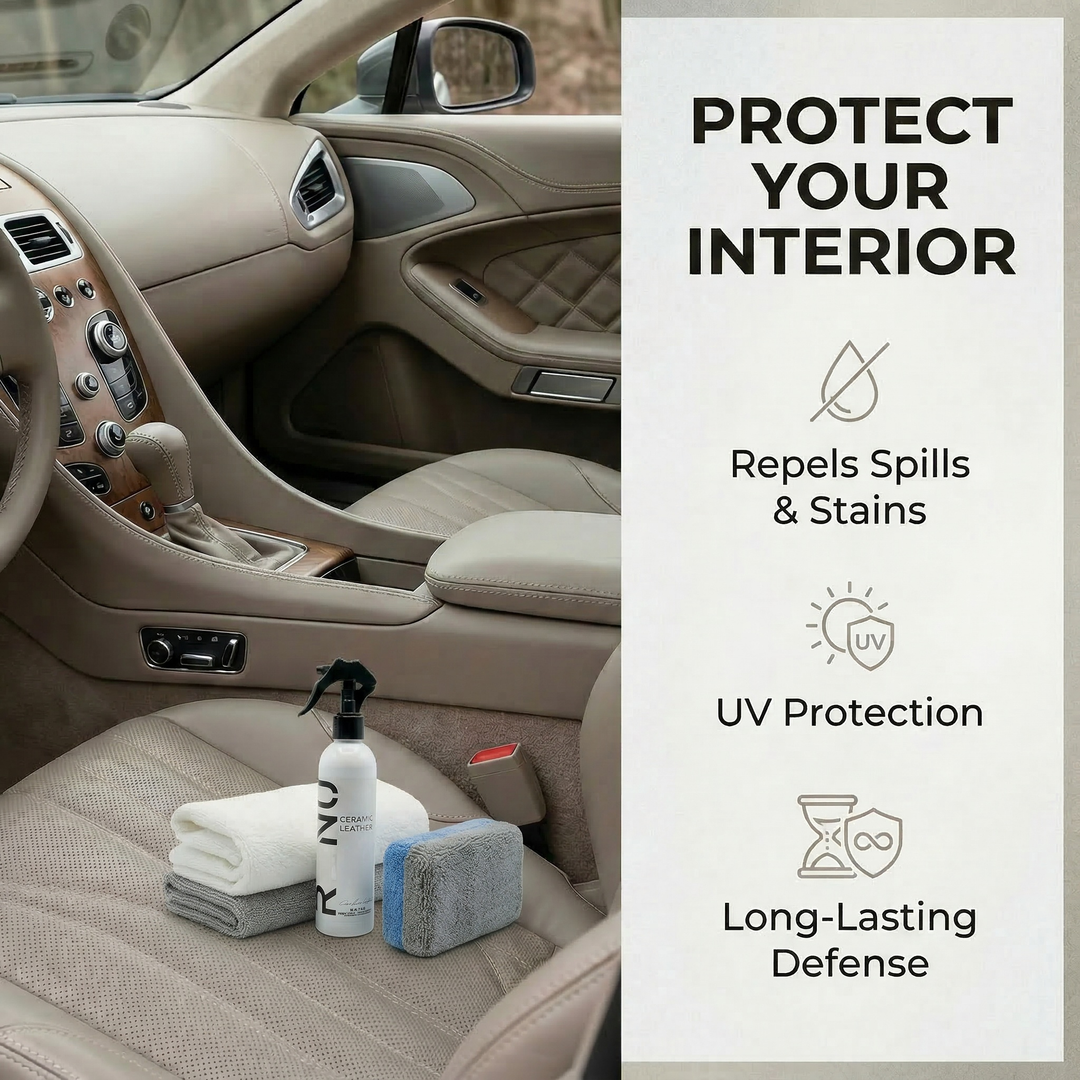 Ceramic Leather car interior protection kit with cleaning supplies protecting against spills, UV, and stains.