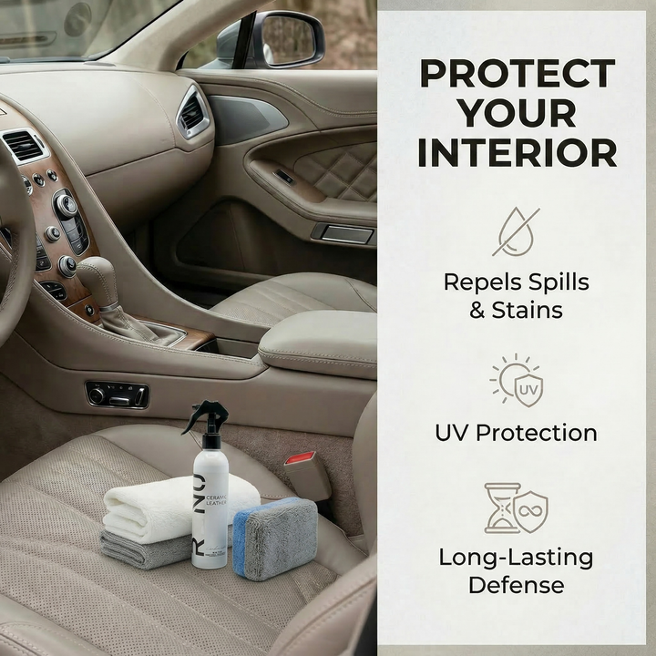 Ceramic Leather car interior protection kit with cleaning supplies protecting against spills, UV, and stains.