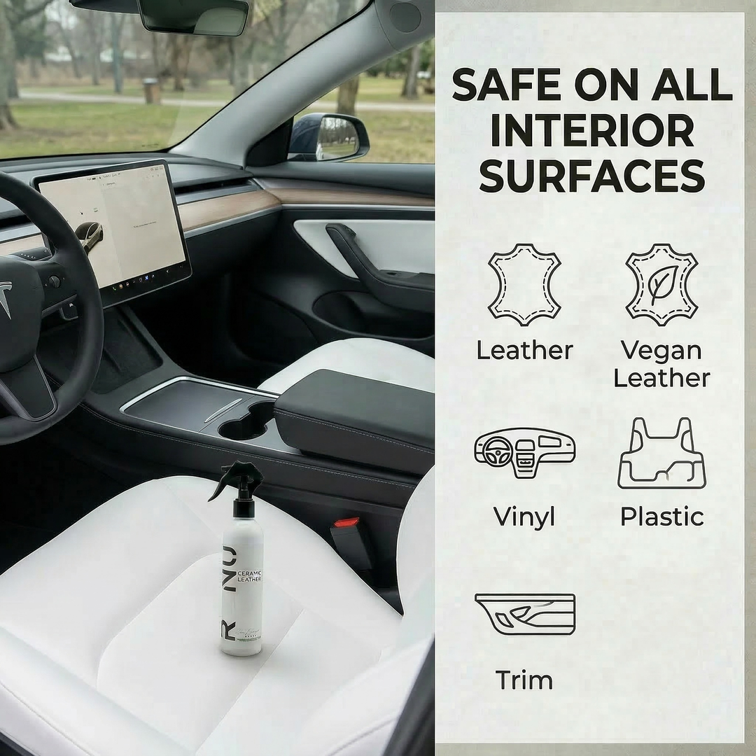 Ceramic Leather spray bottle on a white car seat showing safe use on leather and other interior surfaces.