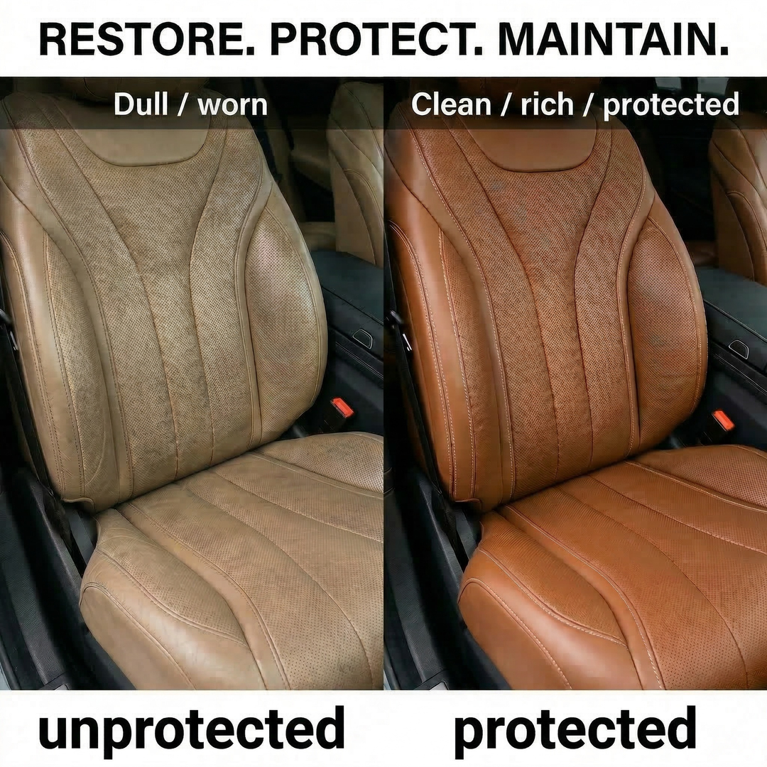 Comparison of dull worn car seat and clean rich protected car seat restored using Ceramic Leather product