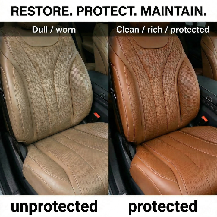 Comparison of dull worn car seat and clean rich protected car seat restored using Ceramic Leather product