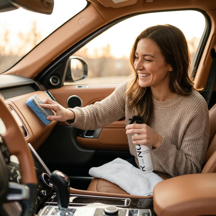 Woman cleaning car interior with Ceramic Leather spray and cloth, focusing on dashboard and leather surfaces.