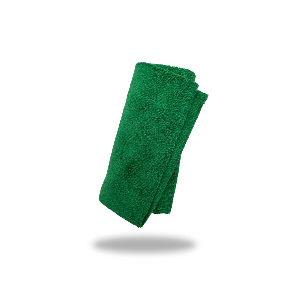 Green microfiber cleaning cloth folded, designed for APC brand use and cleaning tasks.