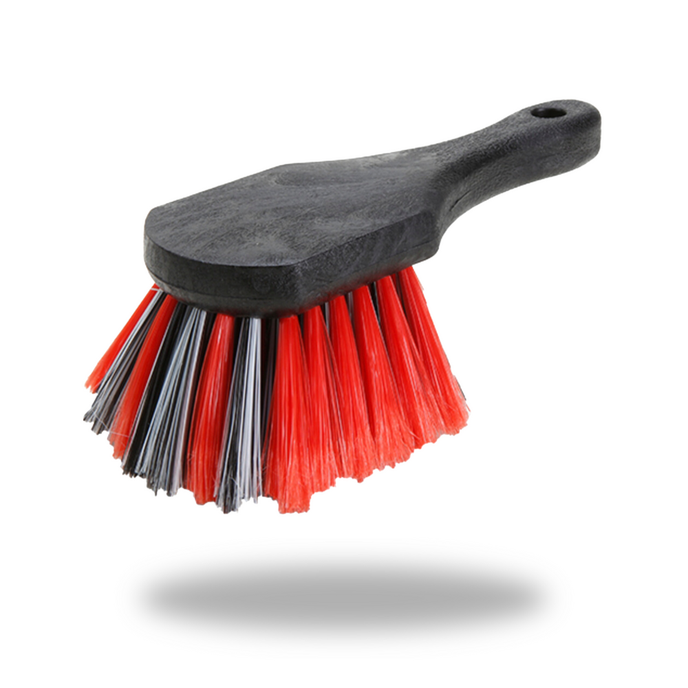Tire & Wheel Cleaning Brush with black handle and red and gray bristles designed for effective cleaning tasks