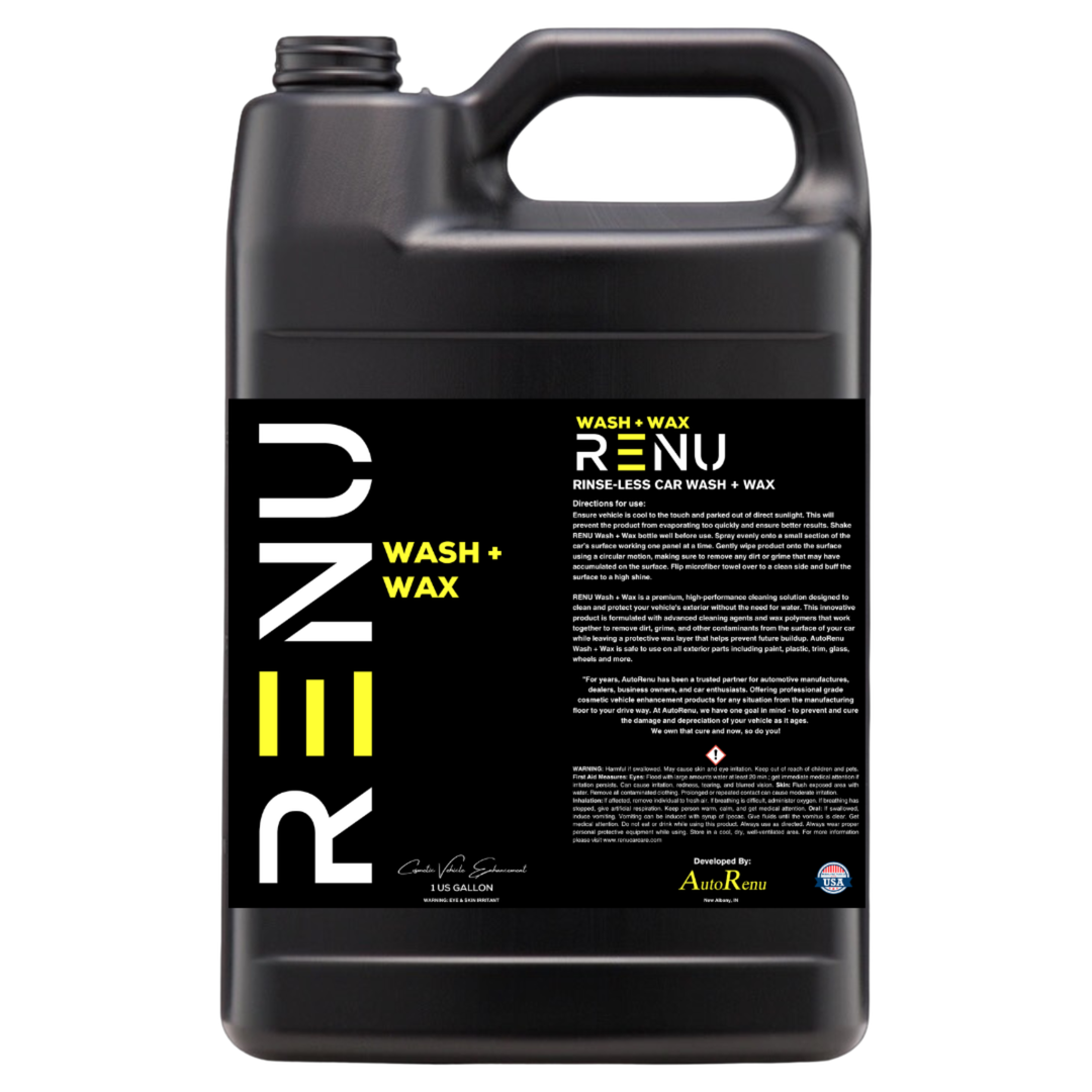 Black container with a label for rinse-less car wash and wax featuring usage instructions and branding text.