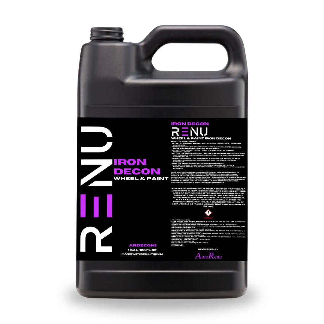 AutoRenu Iron Decon bottle with label, 16oz, used for removing iron stains and deposits from surfaces.