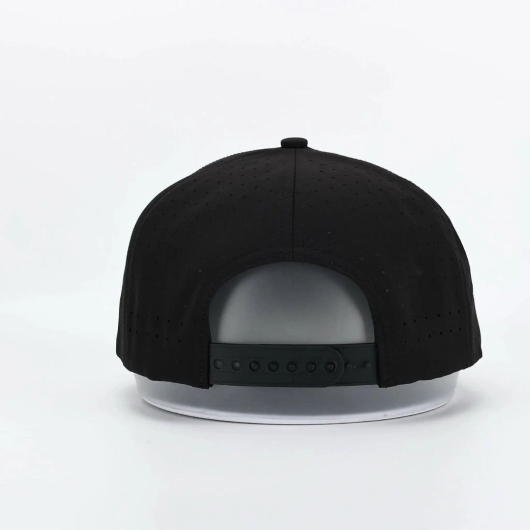 AutoRenu Invert Black snapback cap with perforated fabric, showcasing a stylish adjustable brim and breathable design.