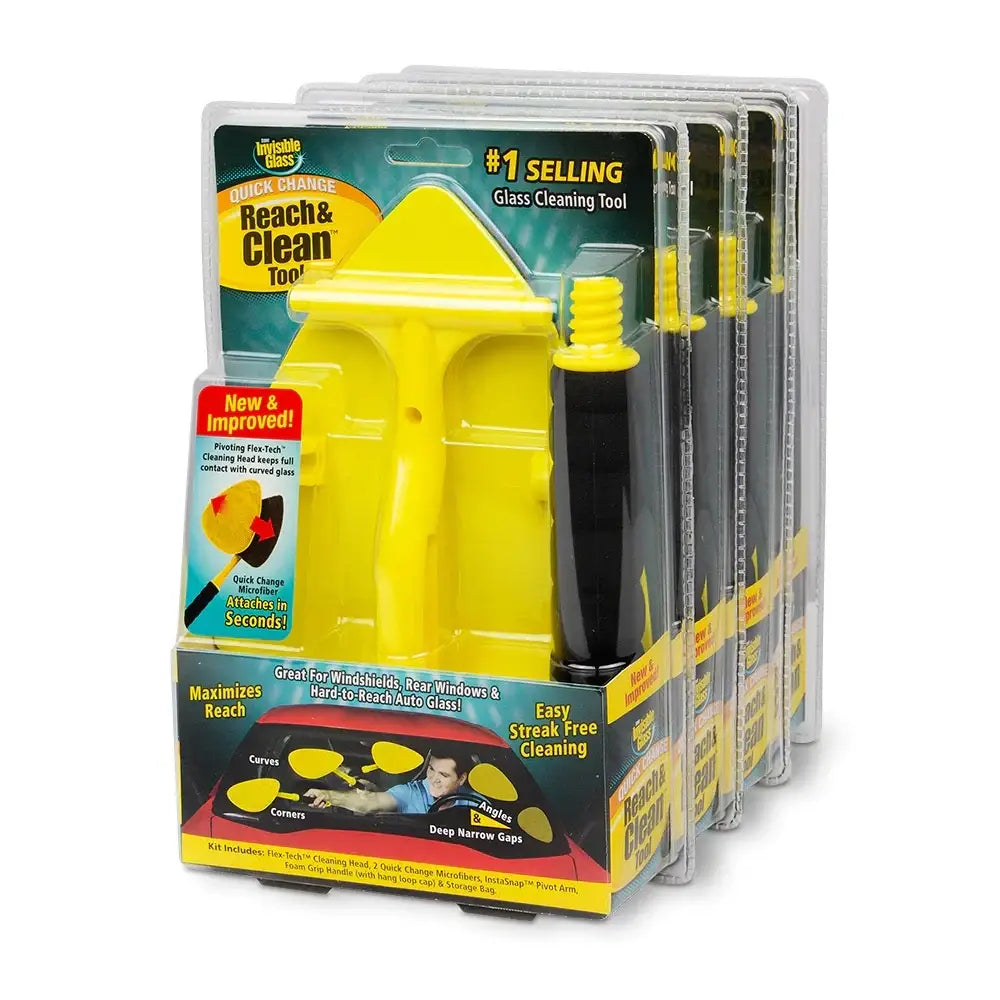 Yellow plastic Invisible Glass Reach &amp; Clean Tool with black handle for easy cleaning of hard-to-reach windows by AutoRenu.