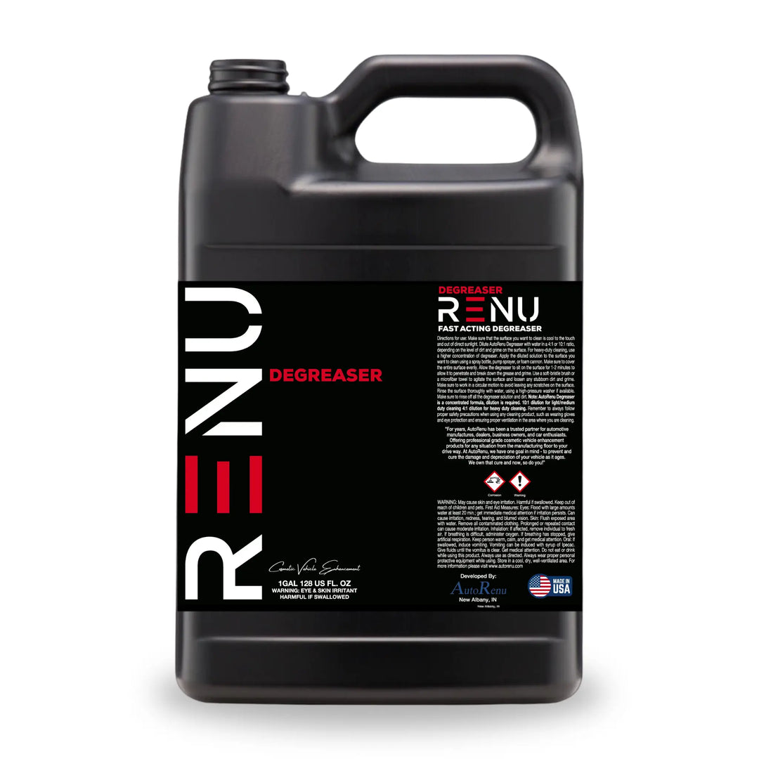 Four 1-gallon black plastic jugs of AutoRenu Degreaser from AutoRenu Premium Car Care Products for professional auto detailing.