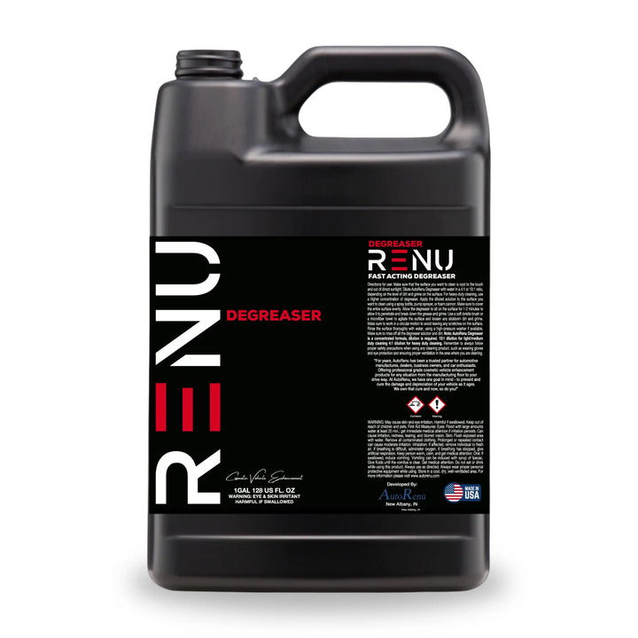 Four 1-gallon black plastic jugs of AutoRenu Degreaser from AutoRenu Premium Car Care Products for professional auto detailing.
