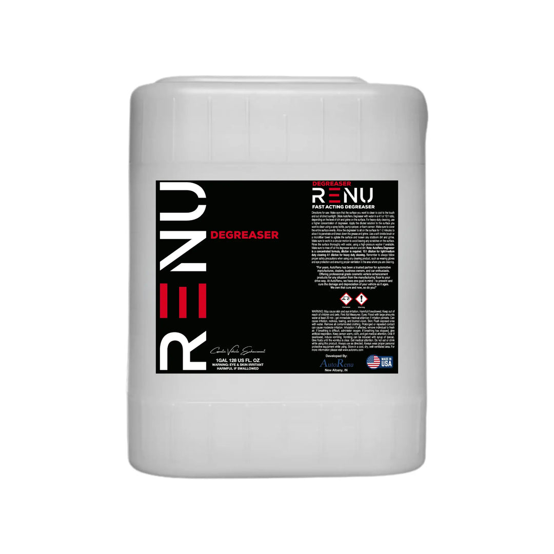 AutoRenu Degreaser in a 5-gallon white plastic jug, used for professional car detailing and grease removal.