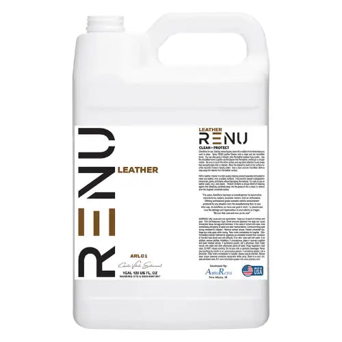 AutoRenu Leather Cleaner RTU Formula in a 1-gallon white plastic jug, designed for professional car interior leather cleaning.