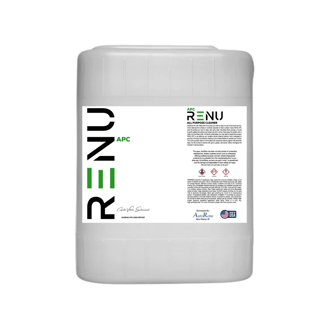 AutoRenu APC vehicle cleaning solution in a 5-gallon gray plastic jug with a white label, ideal for car cleaning and detailing.