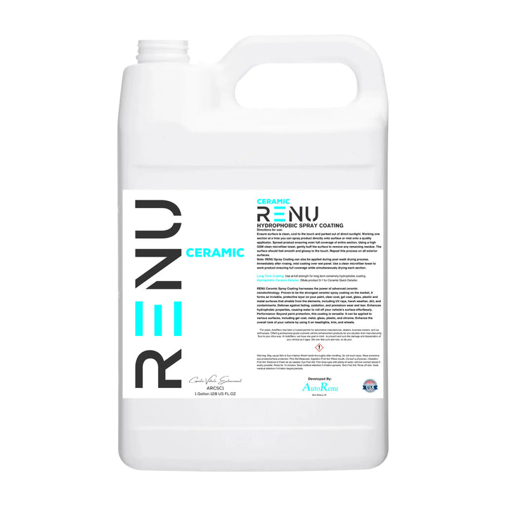 AutoRenu ceramic spray coating in a 5-gallon white plastic jug for vehicle cleaning and protection.