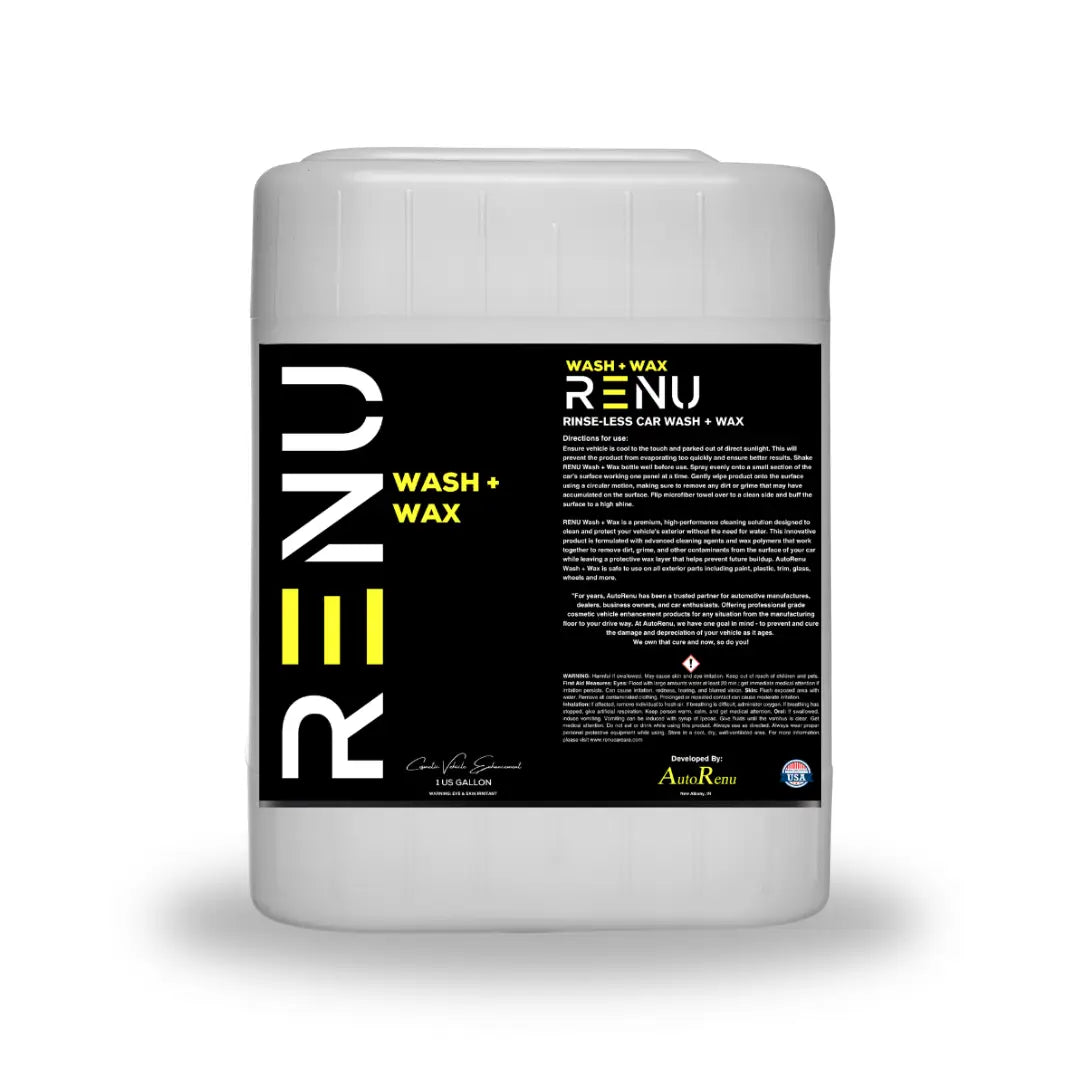 AutoRenu Waterless Wash + Wax in a 5-gallon white plastic jug for vehicle cleaning and shine.