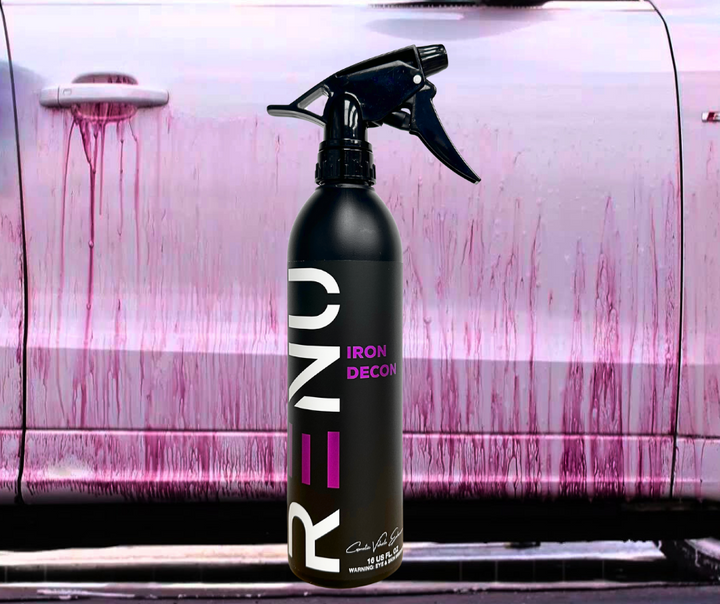 AutoRenu Iron Decon 16 Ounce bottle for vehicle cleaning, featuring a white spray nozzle and label on a clear container.