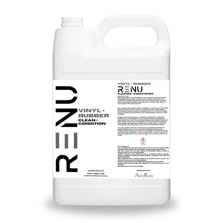 AutoRenu Vinyl and Rubber Cleaner and Conditioner for vehicles, showing a gallon bottle with cleaning and conditioning solution.