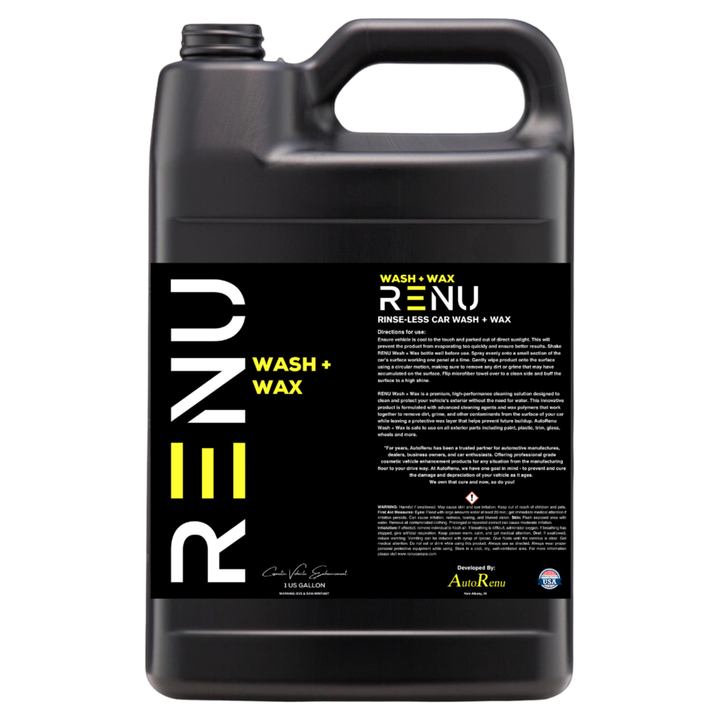 AutoRenu Wash and Wax gallon container for vehicle cleaning, featuring a sleek bottle labeled for car wash and waxing.