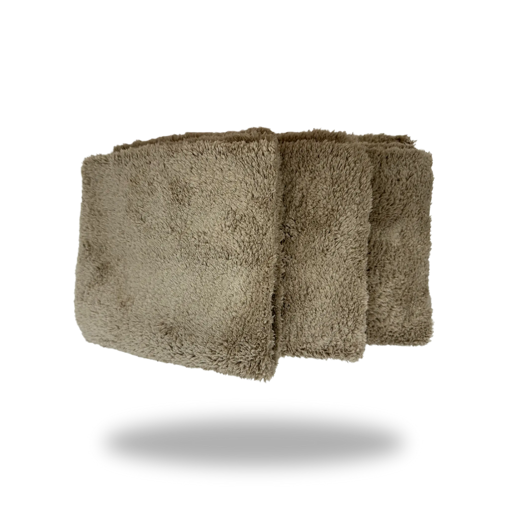 Pack of 12 AutoRenu Tan 600 Edgeless Microfiber cleaning cloths, soft plush microfiber for vehicle cleaning and detailing.