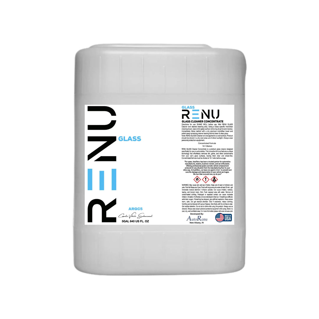 AutoRenu vehicle glass cleaner in a 5-gallon gray plastic jug, designed for cleaning car windows and glass surfaces.