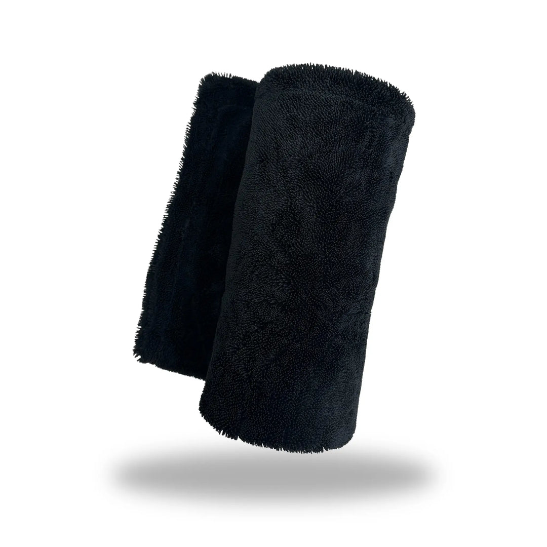 Black Twisted-Loop XL Drying Towel folded, showing plush, absorbent black microfiber texture.