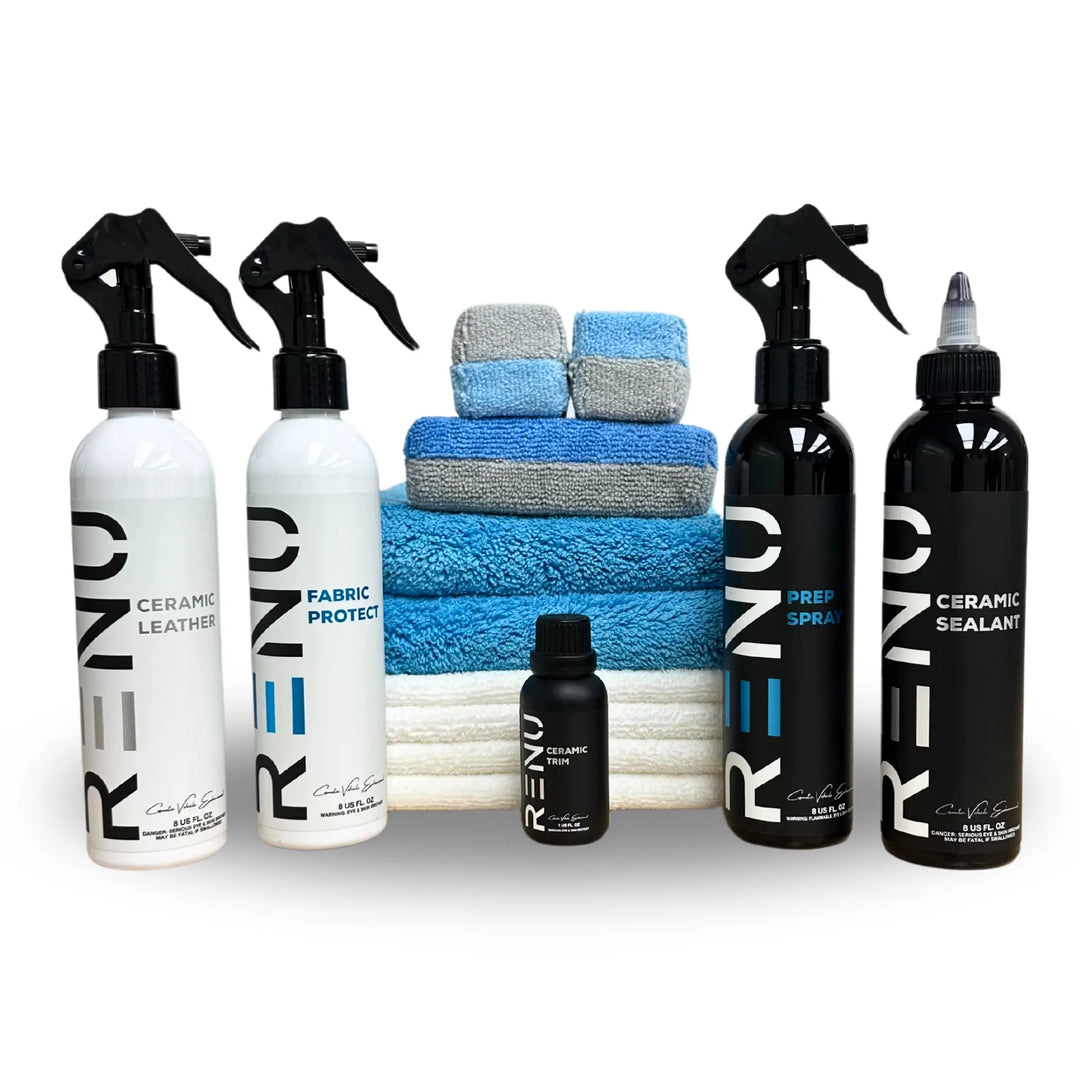 Complete set of cleaning sprays, ceramic coating, and microfiber towels for Ceramic Interior & Exterior Protection System.