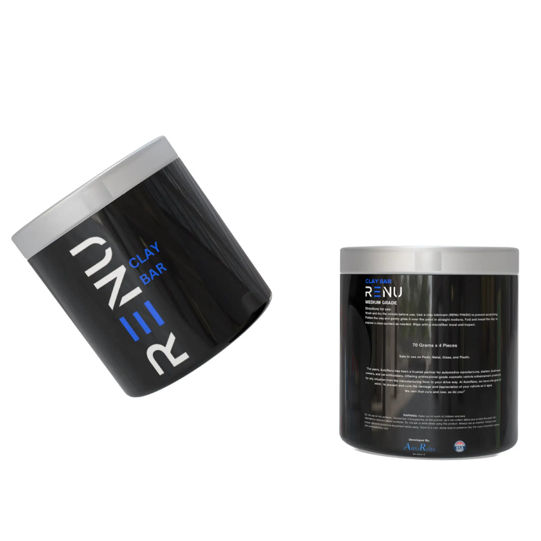 Black containers of RENU Clay Bar with white lids, one showing front and one showing detailed label information