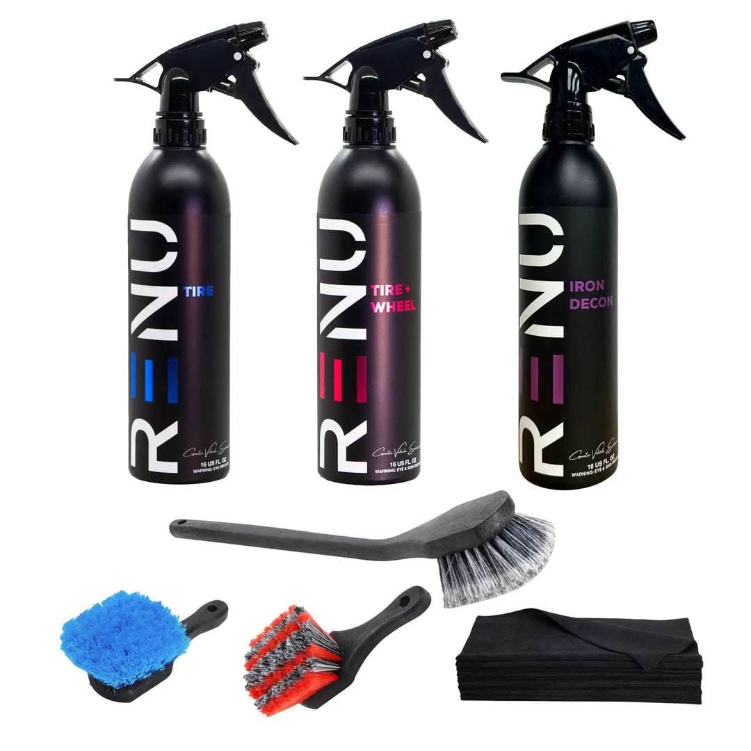 Complete Wheel Care and Protection set with three spray bottles, brushes, and microfiber cloths for wheel cleaning and maintenance.