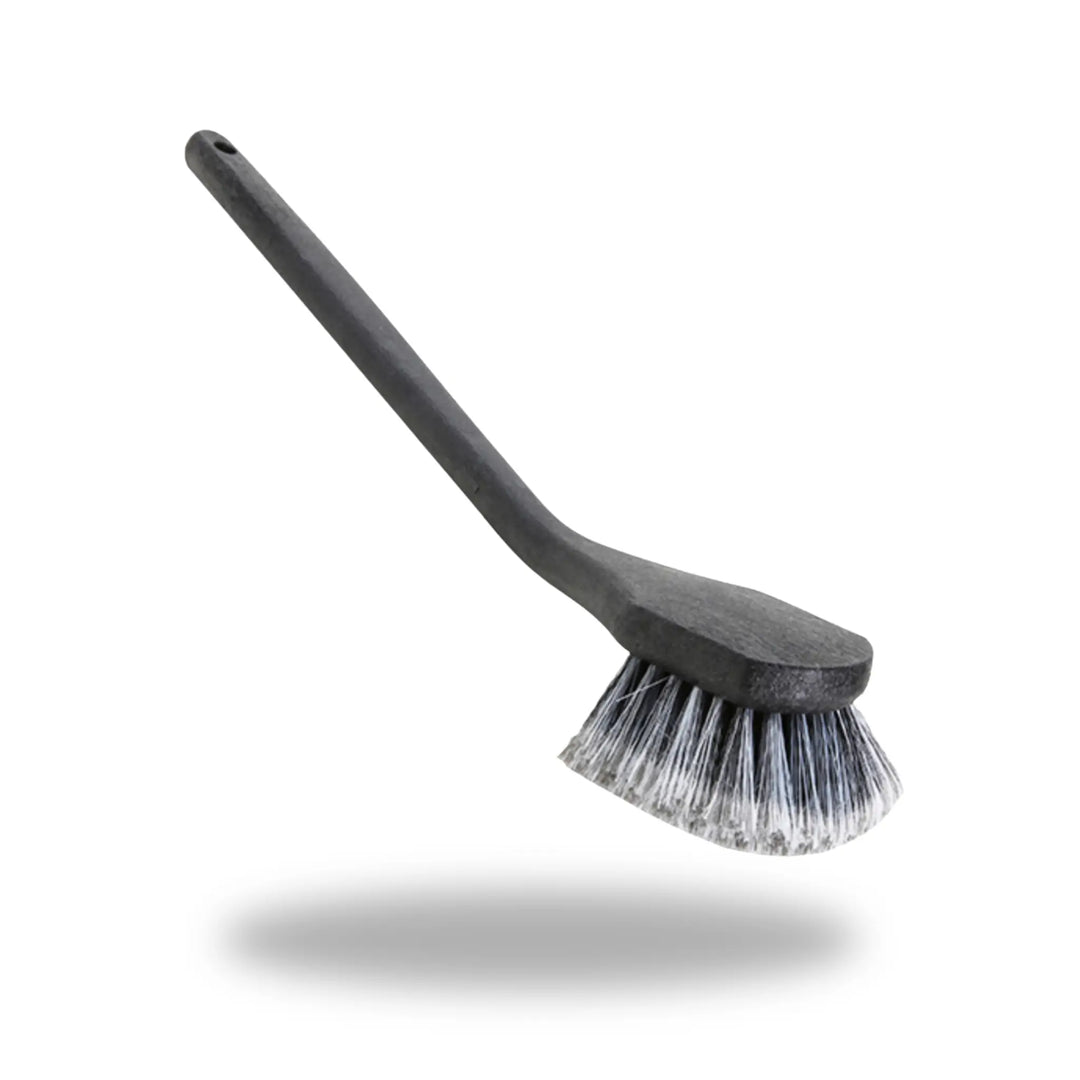 Curved Handle Fender Brush with black handle and dense bristles, designed for cleaning vehicle fenders and surfaces.