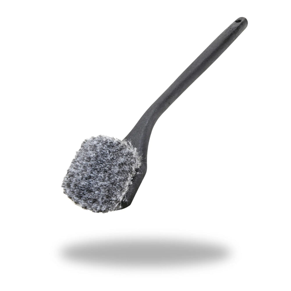 Curved Handle Fender Brush with dense gray bristles and ergonomic black curved handle for cleaning surfaces.