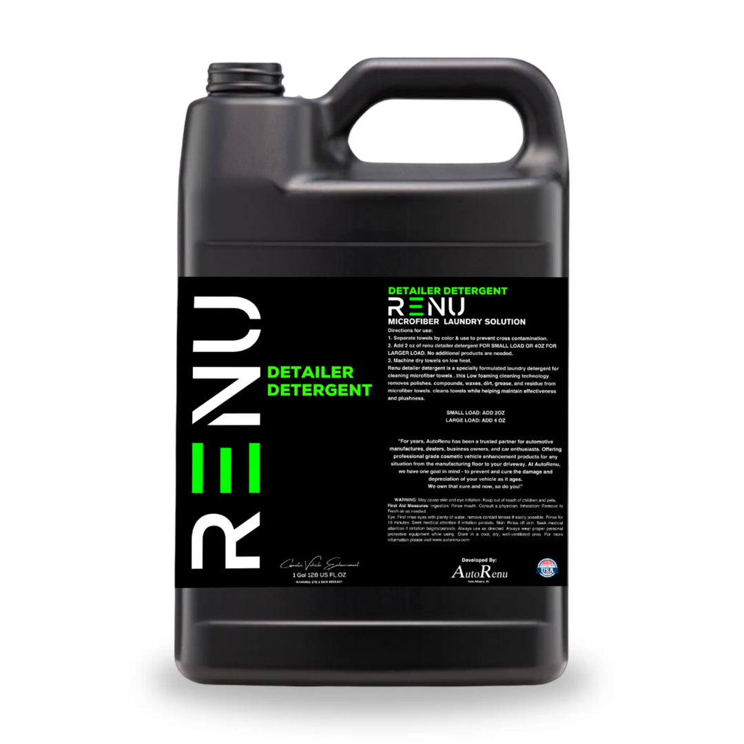 Black gallon container of Detailer Detergent labeled as a microfiber laundry solution for automotive cleaning.