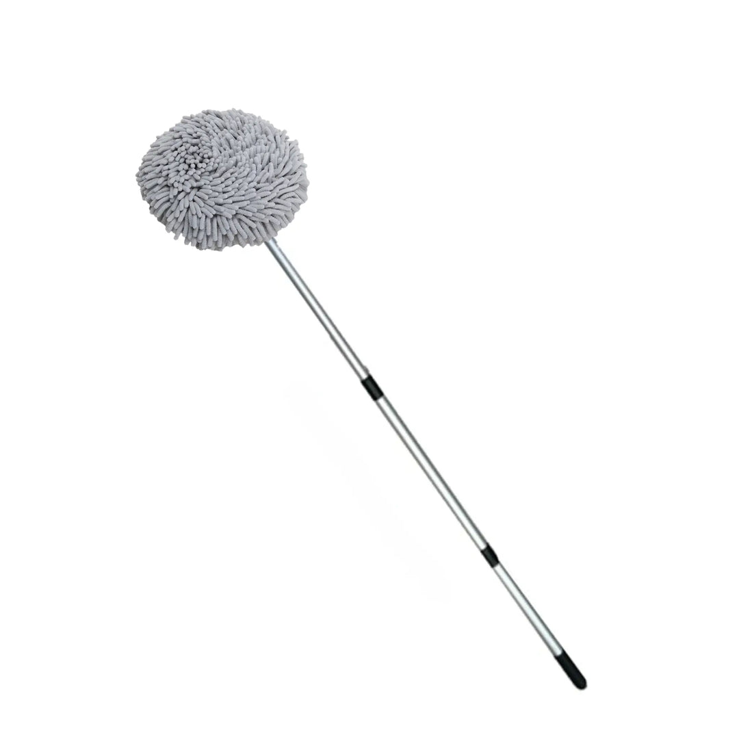 Extendable Wash Mop with a soft microfiber round mop head and adjustable metal handle for easy cleaning.