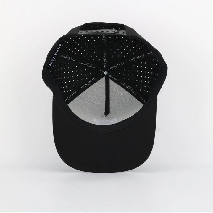 Inside view of the Finish Line Series Hat - Black showing perforated fabric and adjustable strap details.