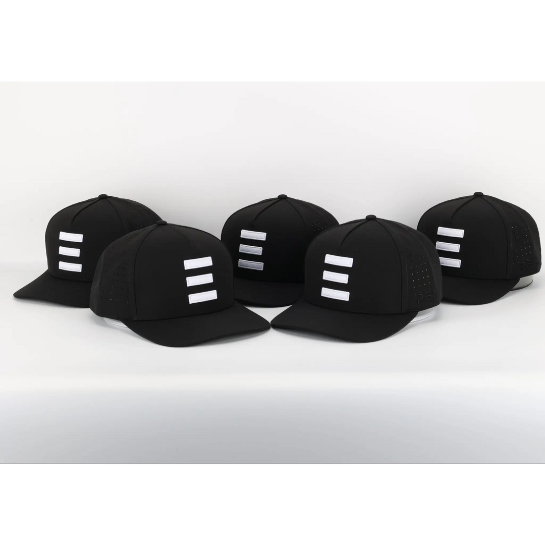 Five black caps with a white triple-bar logo displayed in a row, featuring the Finish Line Series Hat - Black.