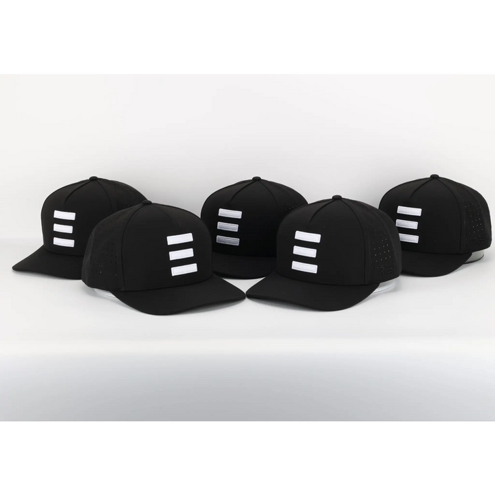 Five black caps with a white triple-bar logo displayed in a row, featuring the Finish Line Series Hat - Black.