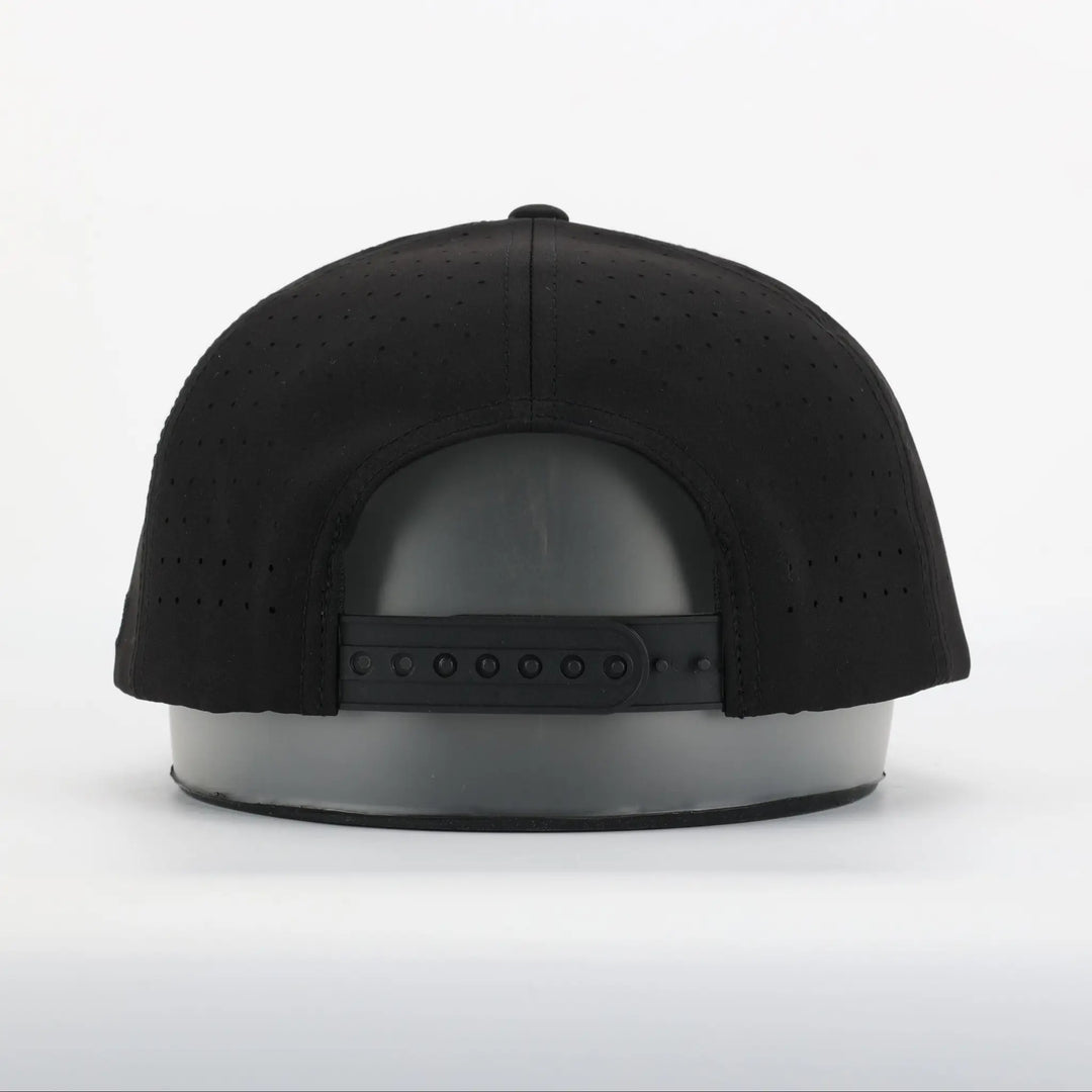 Back view of a black adjustable snapback Finish Line Series Hat - Black with ventilation holes.