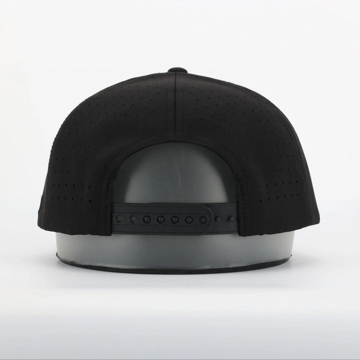 Back view of a black adjustable snapback Finish Line Series Hat - Black with ventilation holes.