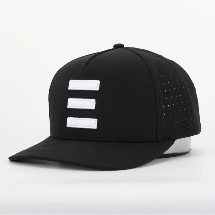 Finish Line Series Hat - Black with white embroidered equal sign design and perforated side panels for ventilation