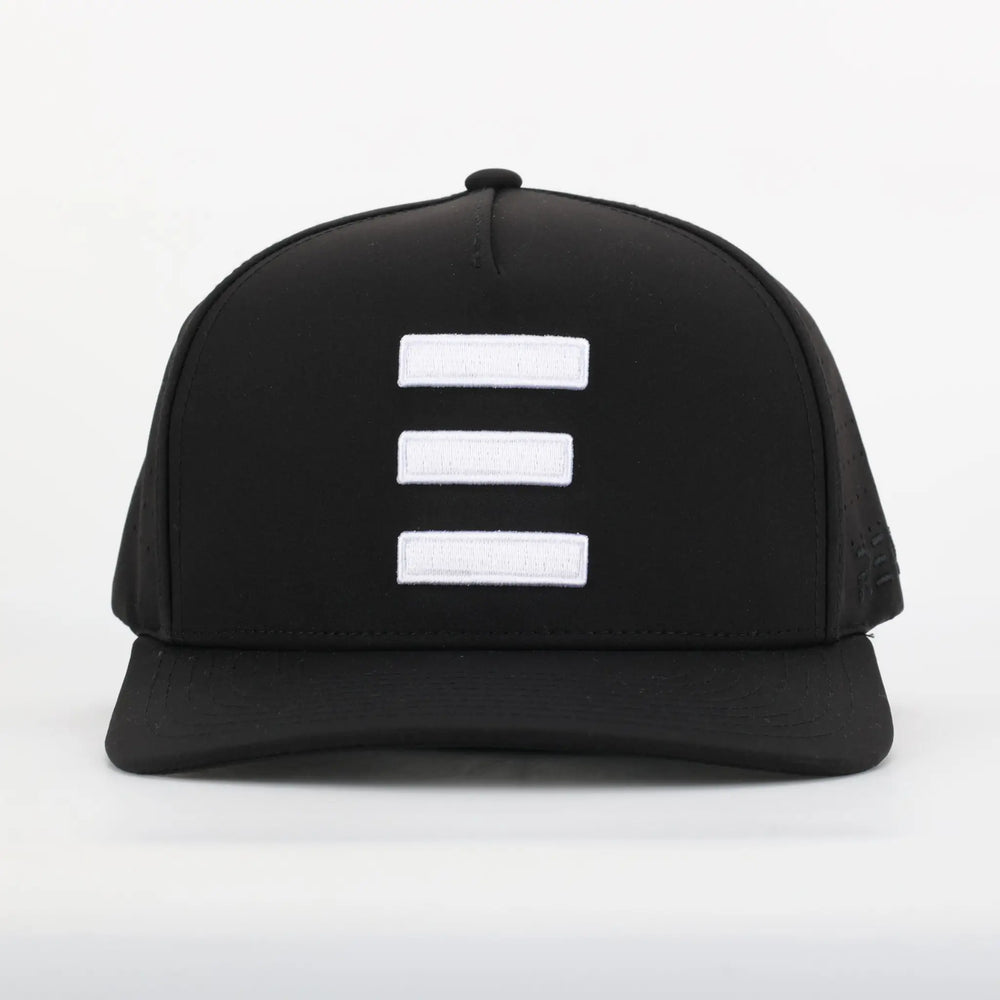 Finish Line Series Hat - Black with front white triple bar design and structured curved brim.