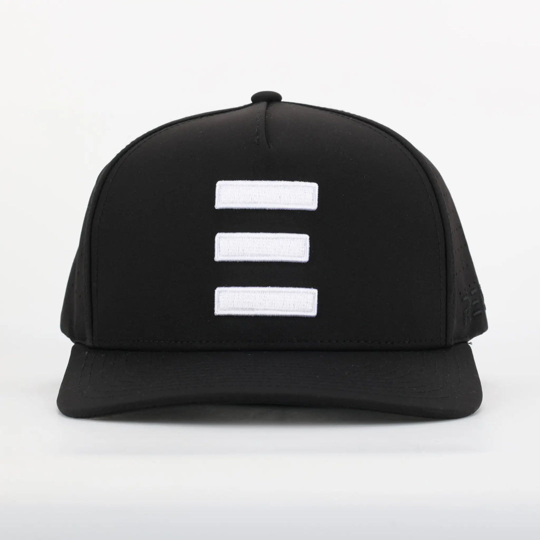 Finish Line Series Hat - Black with front white triple bar design and structured curved brim.