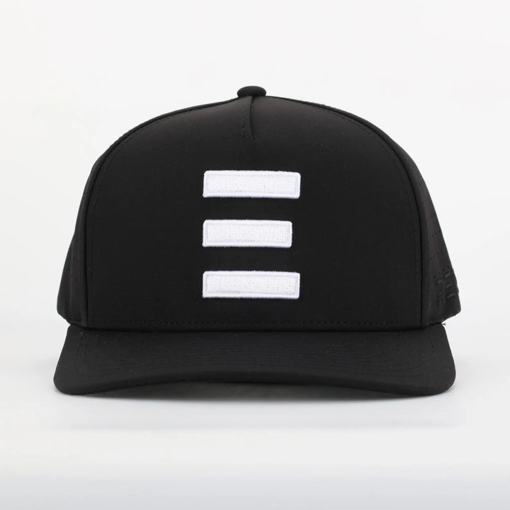 Finish Line Series Hat - Black with front white triple bar design and structured curved brim.