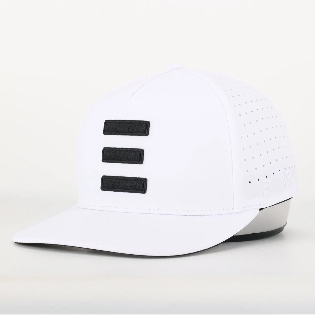 Finish Line Series Hat - White with black horizontal stripes on front and perforated side panels for ventilation