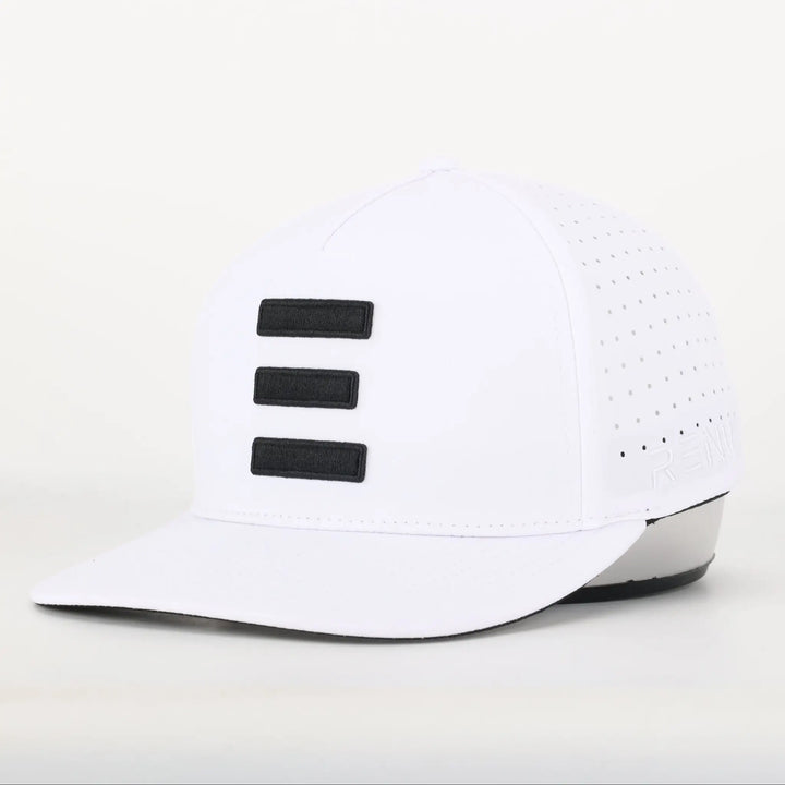 Finish Line Series Hat - White with black horizontal stripes on front and perforated side panels for ventilation