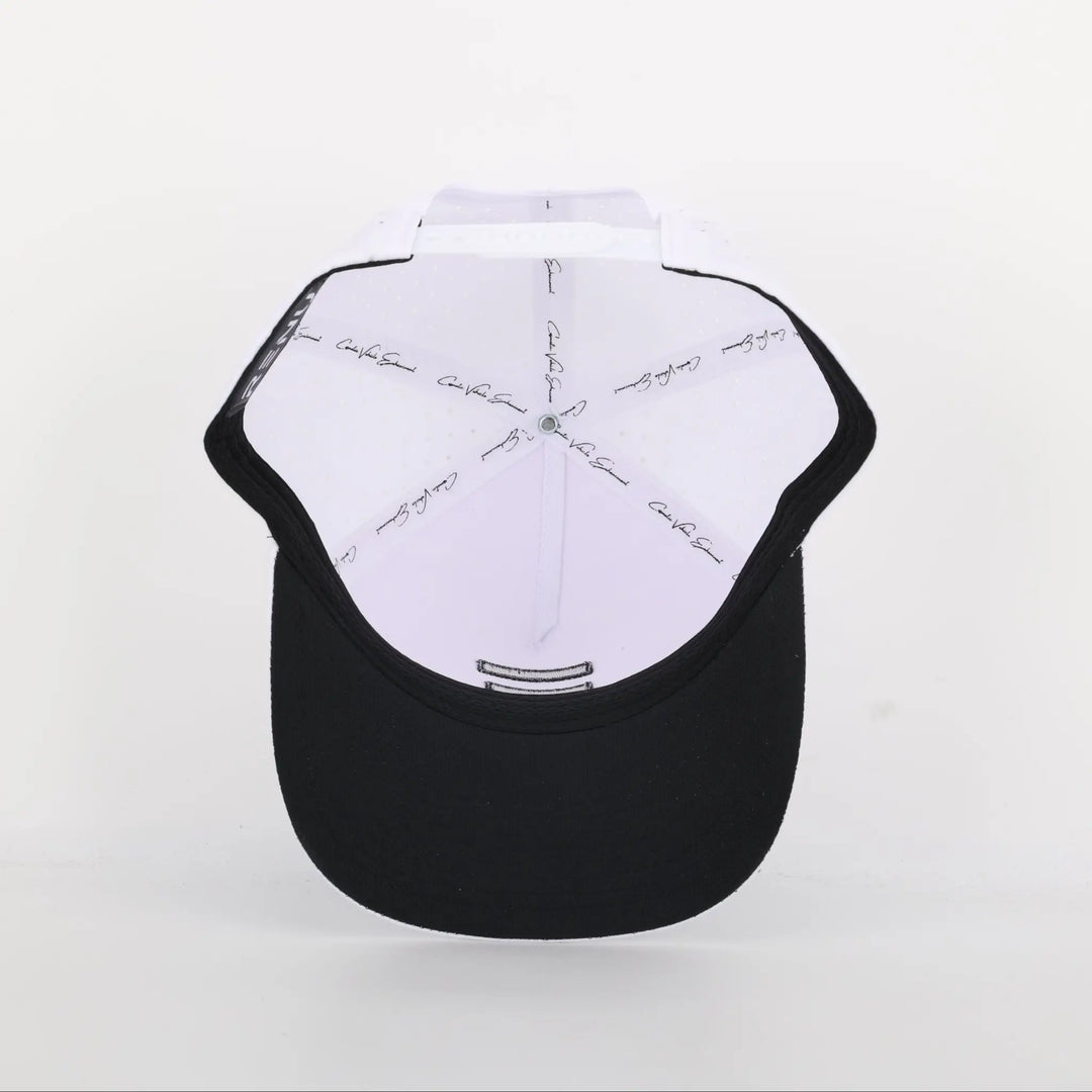 Finish Line Series Hat - White viewed from underneath showing black brim and white interior with branded tape detailing.