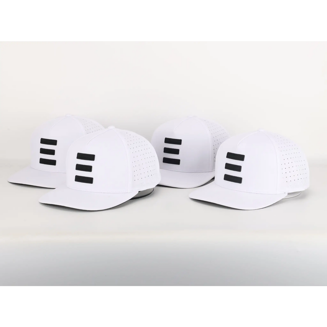 Four white caps with black triple bar logo and perforated sides, arranged in a row, Finish Line Series Hat - White.